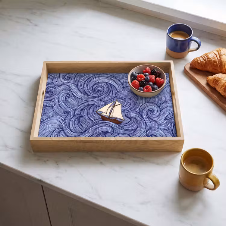 Dienblad - Schip - Golven - Zee - Illustratie - Blauw — 4