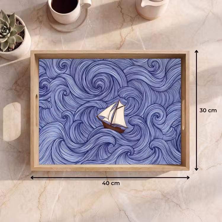 Dienblad - Schip - Golven - Zee - Illustratie - Blauw — 9