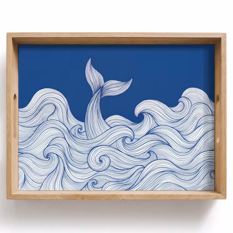 Dienblad - Walvis - Staart - Golven - Lijntekening - Blauw — 1