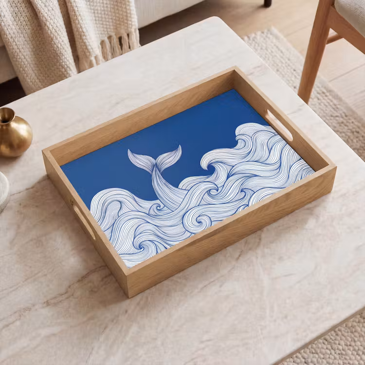 Dienblad - Walvis - Staart - Golven - Lijntekening - Blauw — 2