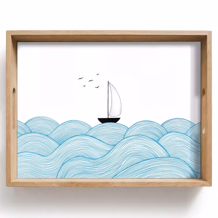 Dienblad - Zeilboot - Golven - Zee - Illustratie - Blauw — 1