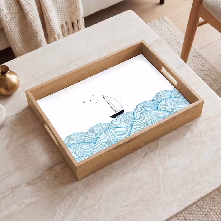 Dienblad - Zeilboot - Golven - Zee - Illustratie - Blauw — 2
