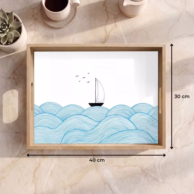 Dienblad - Zeilboot - Golven - Zee - Illustratie - Blauw — 9