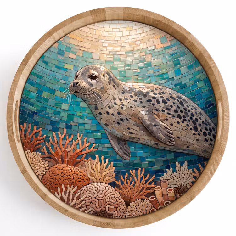 Dienblad - Zeehond - Mozaïek - Onderwater - Dieren - Blauw — 1