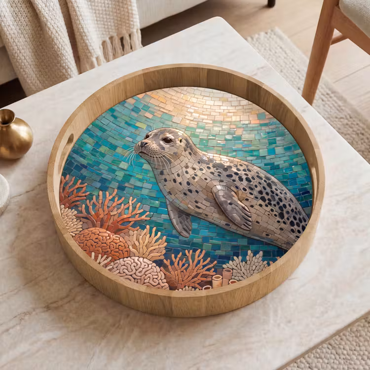 Dienblad - Zeehond - Mozaïek - Onderwater - Dieren - Blauw — 2