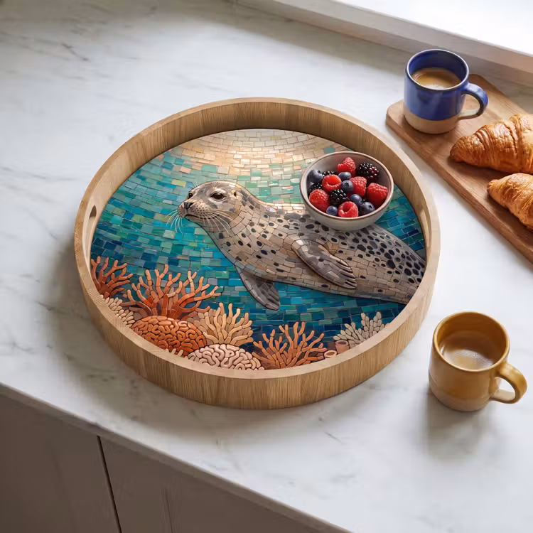 Dienblad - Zeehond - Mozaïek - Onderwater - Dieren - Blauw — 4