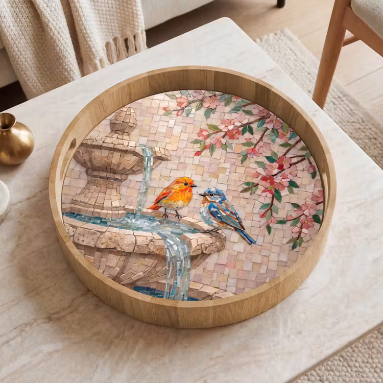 Dienblad - Vogel - fontein - mozaiek - kleurrijk - dieren — 2