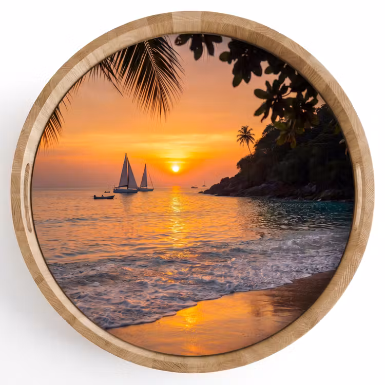 Dienblad - Zee - Zonsondergang - Boot - Natuur - Oranje — 1