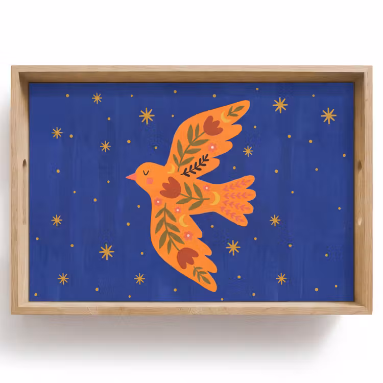 Dienblad - Vogel - Bloemen - Decoratief - Oranje - Blauw — 1