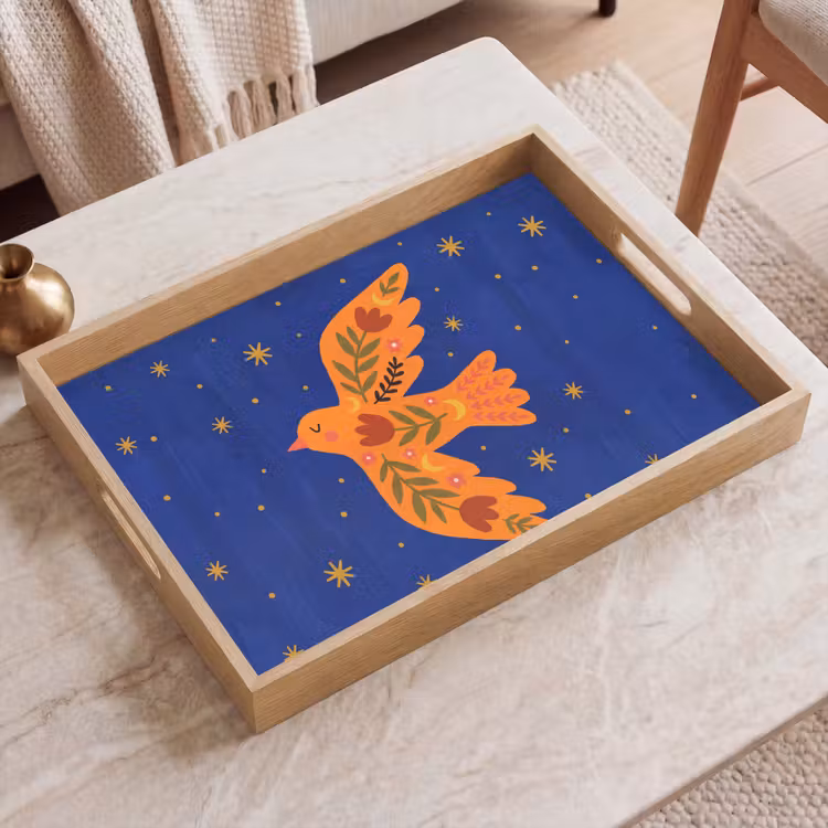 Dienblad - Vogel - Bloemen - Decoratief - Oranje - Blauw — 2