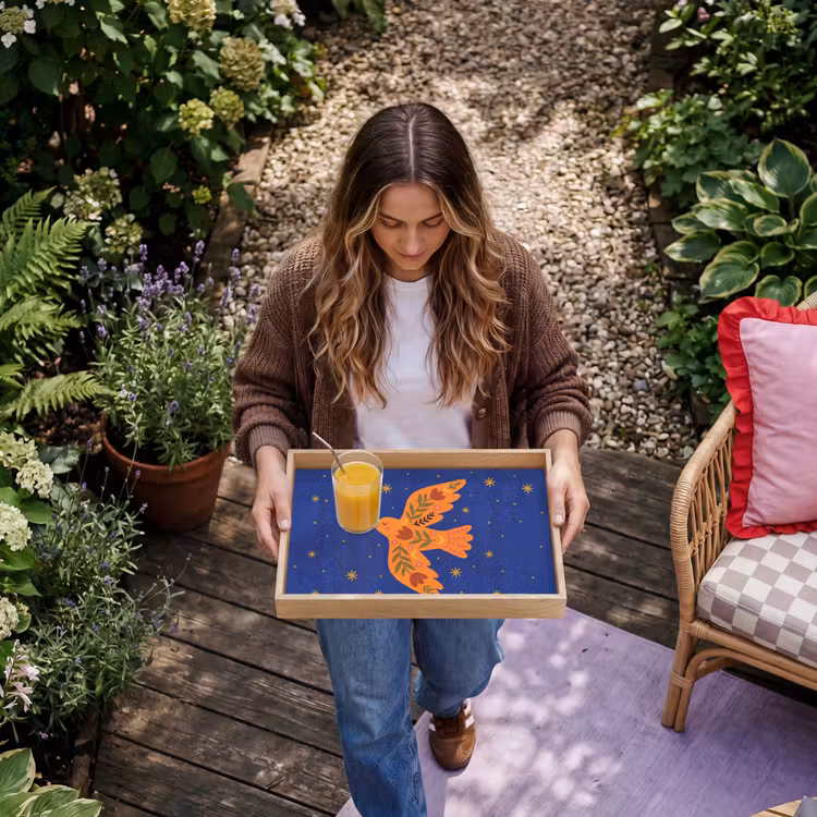 Dienblad - Vogel - Bloemen - Decoratief - Oranje - Blauw — 8