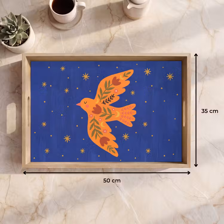 Dienblad - Vogel - Bloemen - Decoratief - Oranje - Blauw — 9