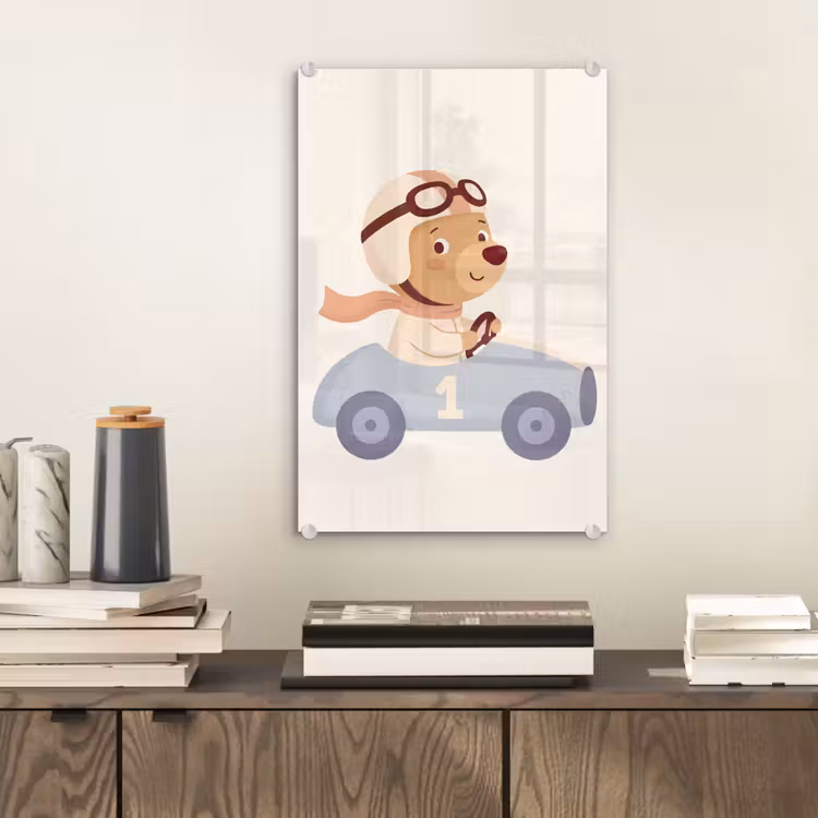 Glas schilderij - Beer - Auto - Kinderkamer - Cartoon - Speels — 2