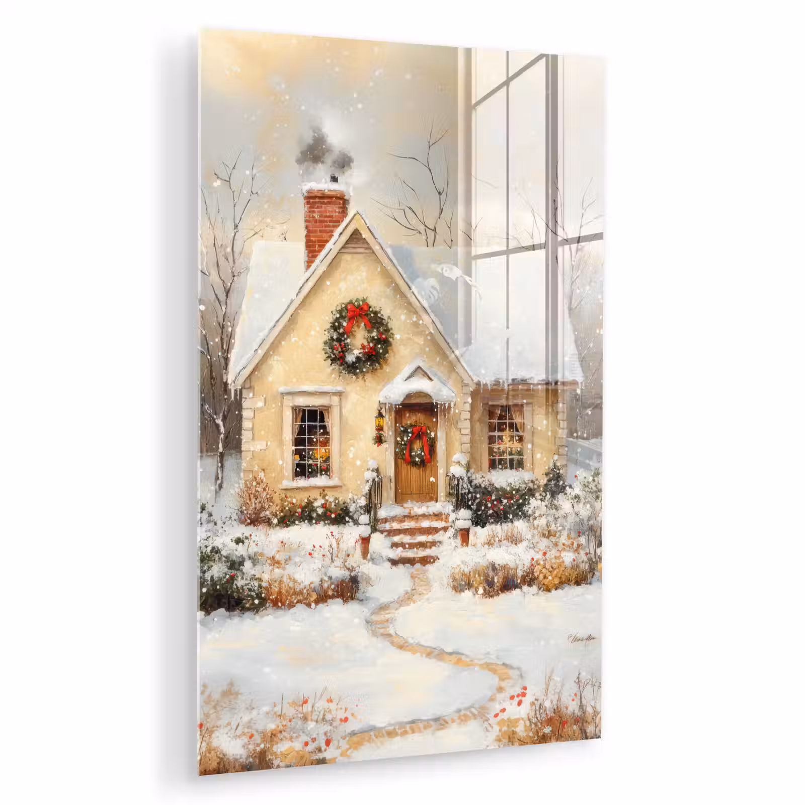 Glas schilderij - Kerst - Huis - Winter - Sneeuw — 1