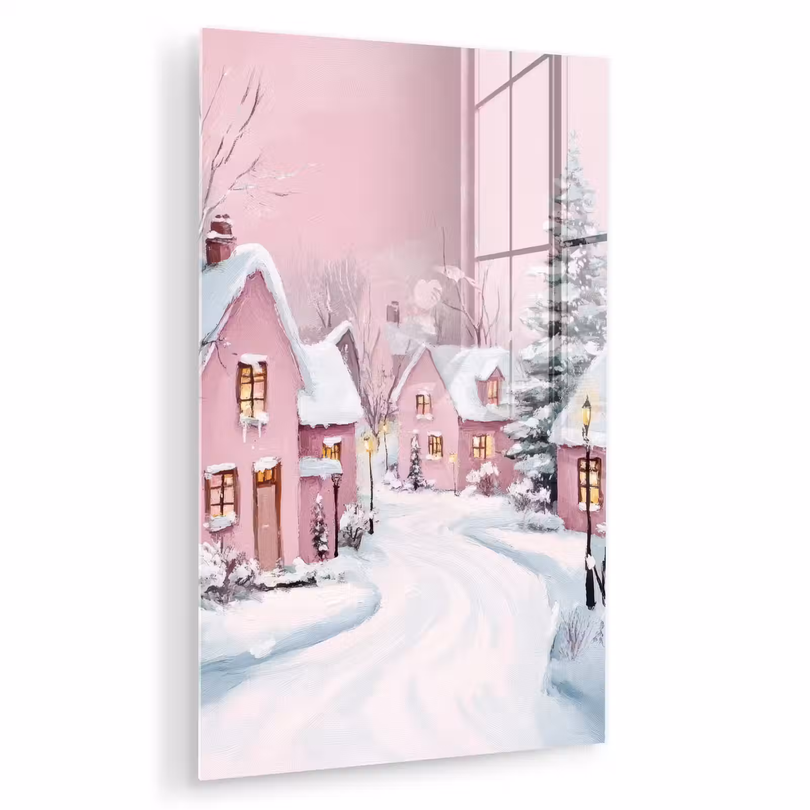 Glas schilderij - Kerstdorp - Roze - Winter - Sneeuw - Huizen — 1