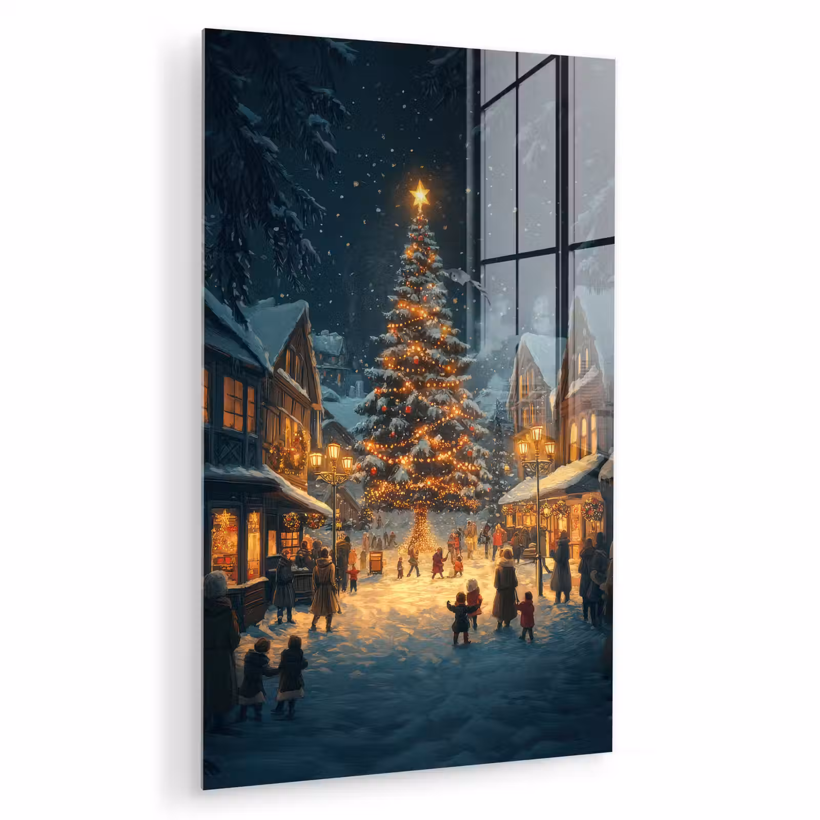 Glas schilderij - Kerstfeest - Dorp - Donker — 1