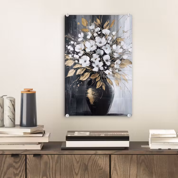 Glas schilderij - Bloemen - Wit - Vaas - Abstract — 2
