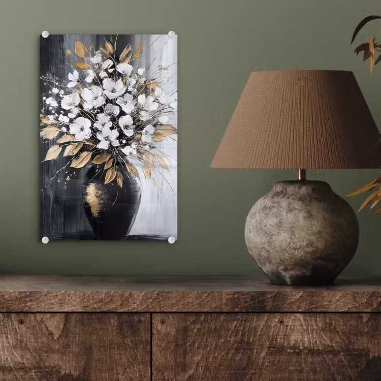 Glas schilderij - Bloemen - Wit - Vaas - Abstract — 4