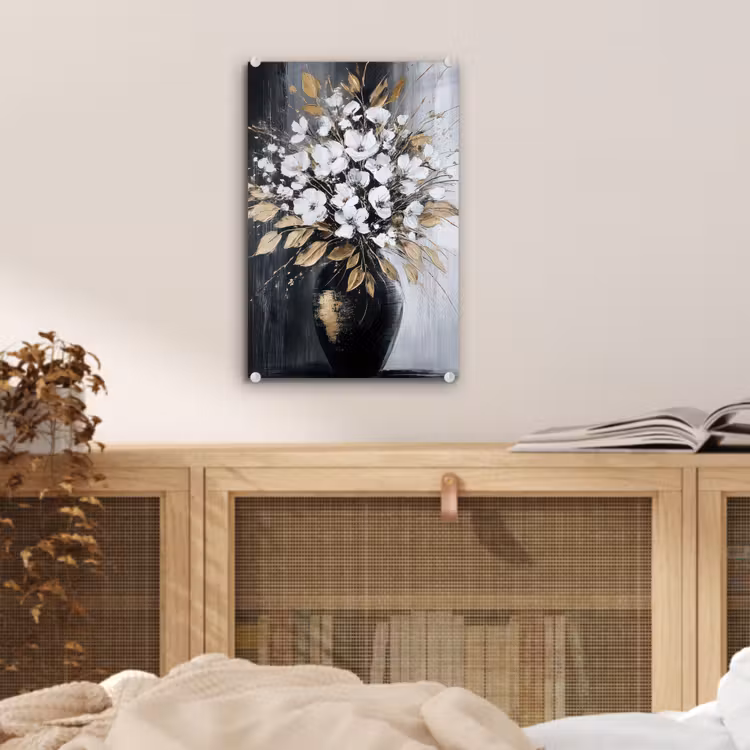 Glas schilderij - Bloemen - Wit - Vaas - Abstract — 5