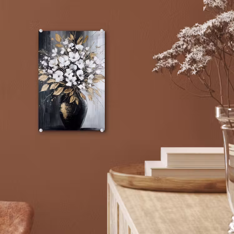 Glas schilderij - Bloemen - Wit - Vaas - Abstract — 6