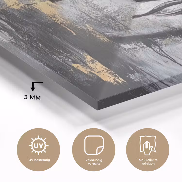 Glas schilderij - Boedhha - Penseelstreken - Goud - Abstract — 3