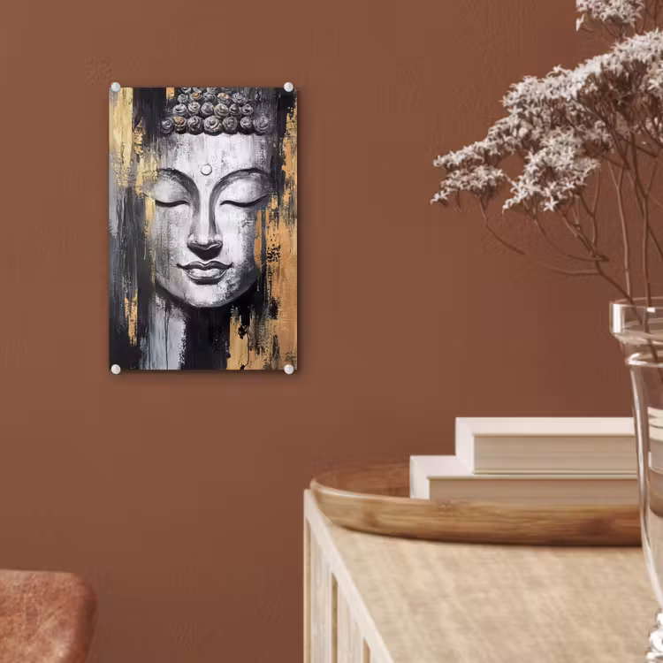 Glas schilderij - Boedhha - Penseelstreken - Goud - Abstract — 6