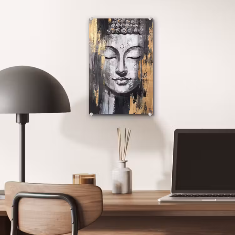 Glas schilderij - Boedhha - Penseelstreken - Goud - Abstract — 7