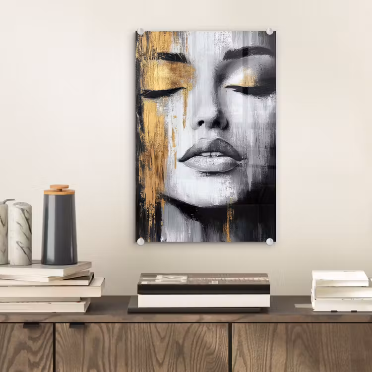 Glas schilderij - Gezicht - Vrouw - Penseelstreken - Abstract — 2