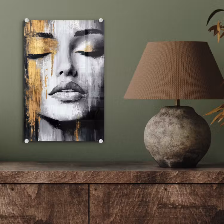 Glas schilderij - Gezicht - Vrouw - Penseelstreken - Abstract — 4
