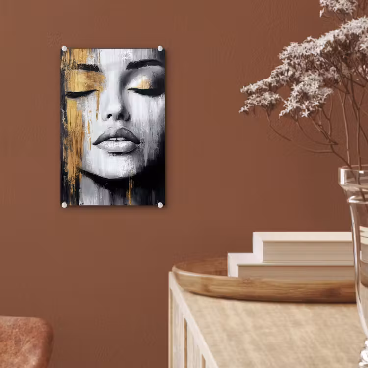 Glas schilderij - Gezicht - Vrouw - Penseelstreken - Abstract — 6