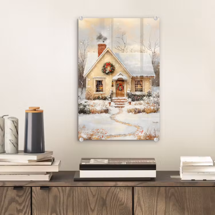 Glas schilderij - Kerst - Huis - Winter - Sneeuw — 2