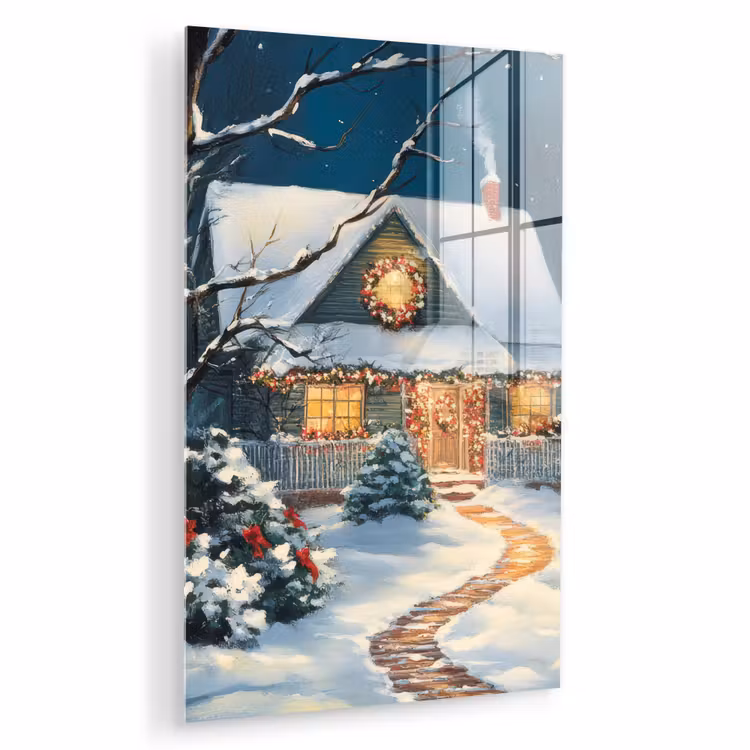 Glas schilderij - Kerst - Kerstboom - Winter - Huis - Sneeuw — 1