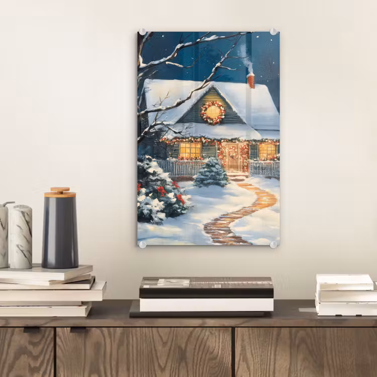 Glas schilderij - Kerst - Kerstboom - Winter - Huis - Sneeuw — 2