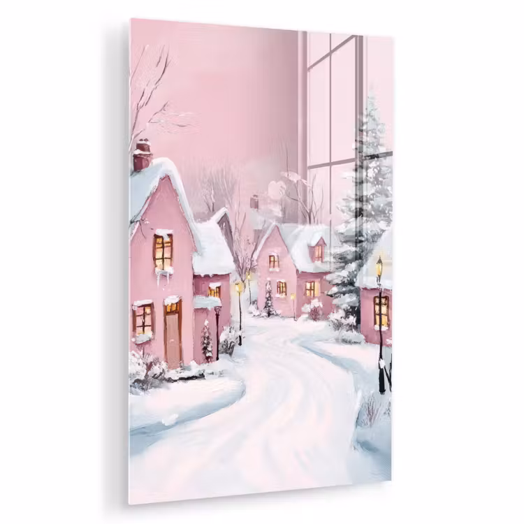 Glas schilderij - Kerstdorp - Roze - Winter - Sneeuw - Huizen — 1