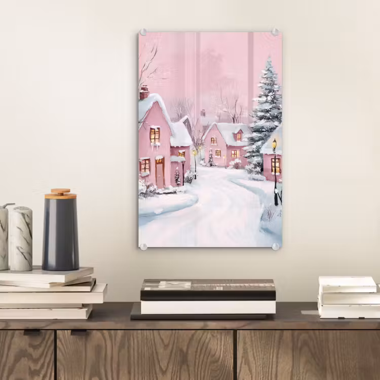 Glas schilderij - Kerstdorp - Roze - Winter - Sneeuw - Huizen — 2