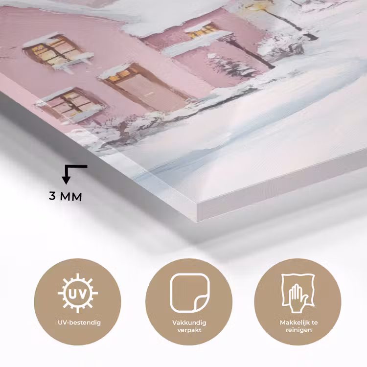 Glas schilderij - Kerstdorp - Roze - Winter - Sneeuw - Huizen — 3