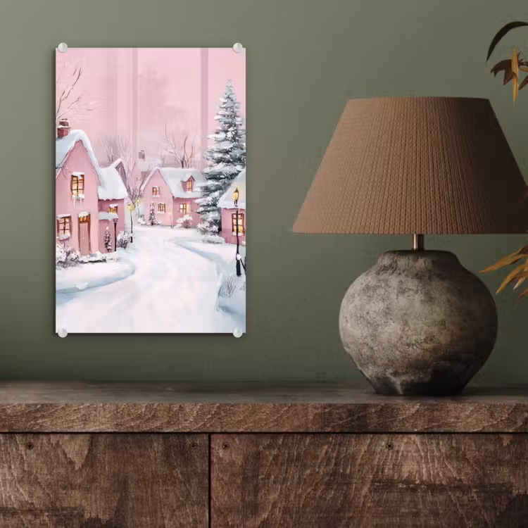 Glas schilderij - Kerstdorp - Roze - Winter - Sneeuw - Huizen — 4