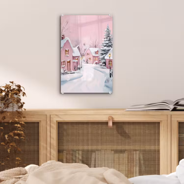 Glas schilderij - Kerstdorp - Roze - Winter - Sneeuw - Huizen — 5