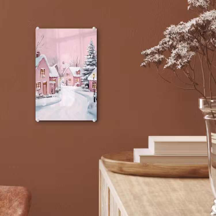 Glas schilderij - Kerstdorp - Roze - Winter - Sneeuw - Huizen — 6