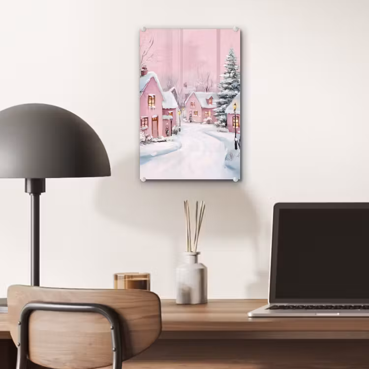 Glas schilderij - Kerstdorp - Roze - Winter - Sneeuw - Huizen — 7