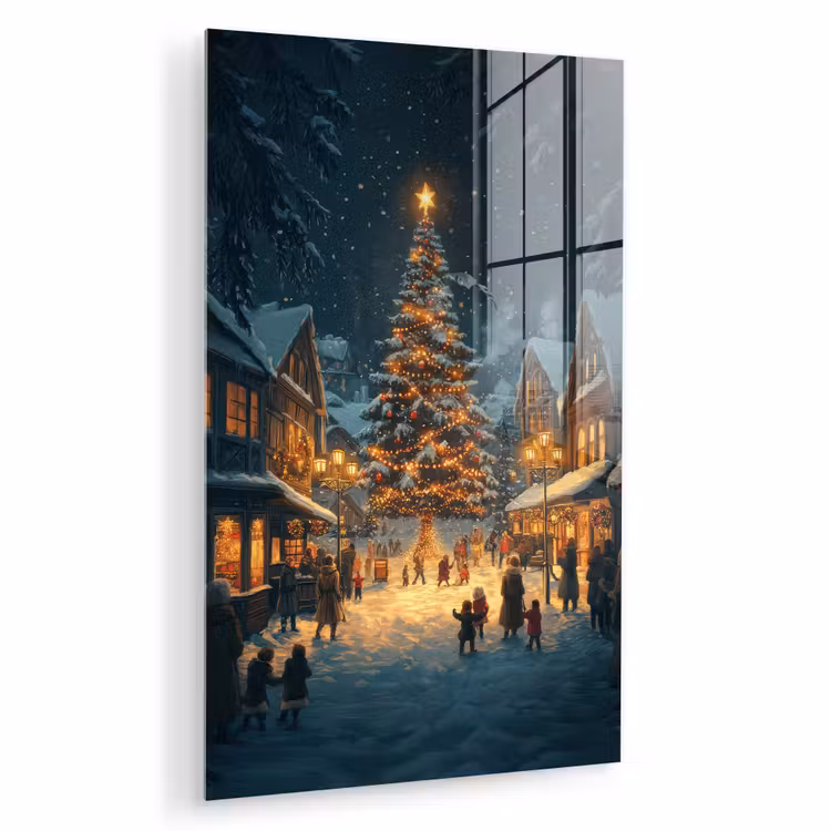 Glas schilderij - Kerstfeest - Dorp - Donker — 1