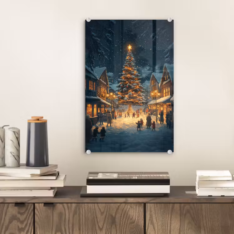 Glas schilderij - Kerstfeest - Dorp - Donker — 2