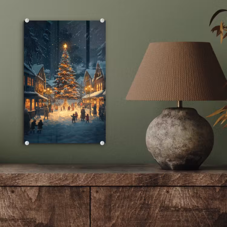 Glas schilderij - Kerstfeest - Dorp - Donker — 4