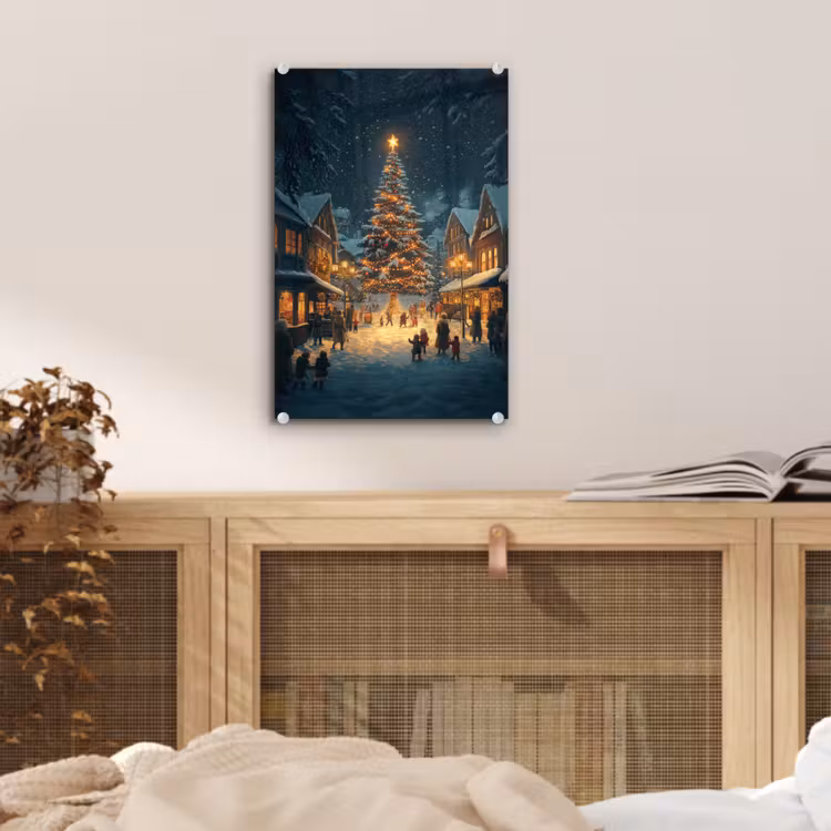 Glas schilderij - Kerstfeest - Dorp - Donker — 5