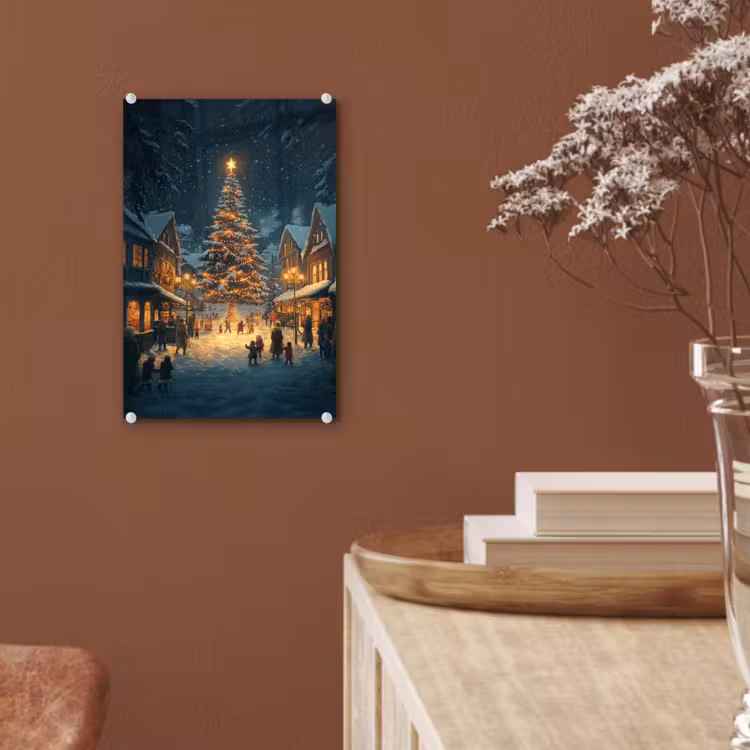 Glas schilderij - Kerstfeest - Dorp - Donker — 6