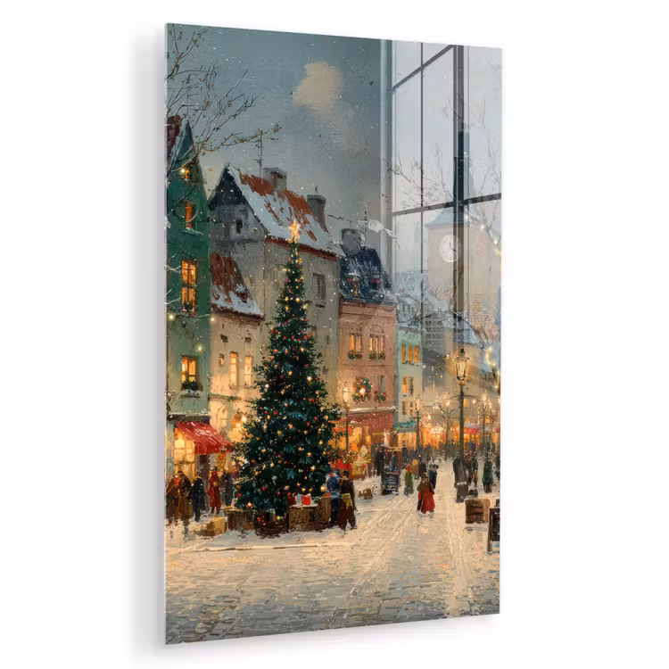 Glas schilderij - Kerstsfeer - Stadsplein - Kleurrijk — 1