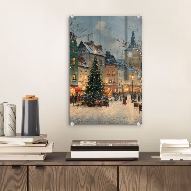 Glas schilderij - Kerstsfeer - Stadsplein - Kleurrijk — 2