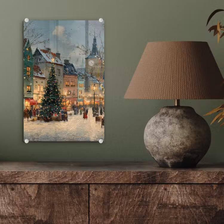Glas schilderij - Kerstsfeer - Stadsplein - Kleurrijk — 4