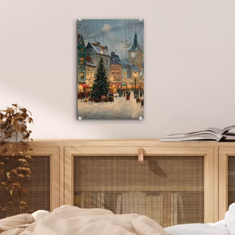 Glas schilderij - Kerstsfeer - Stadsplein - Kleurrijk — 5