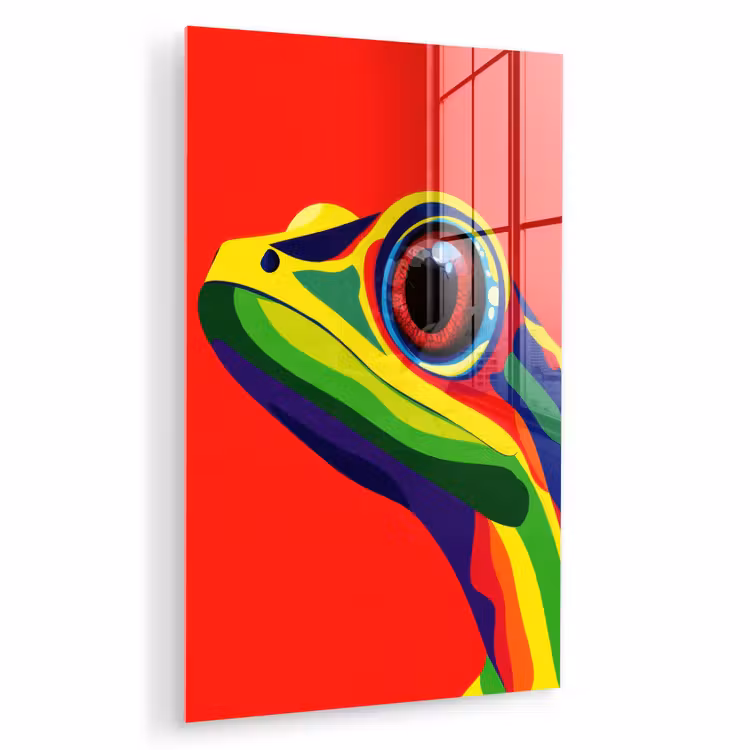 Glas schilderij - Kikker - Kleurrijk - Strepen - Ogen — 1